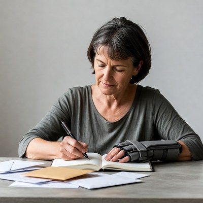 Mature woman writing with wrist brace