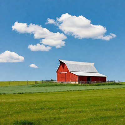 Red Barn in Green Field
