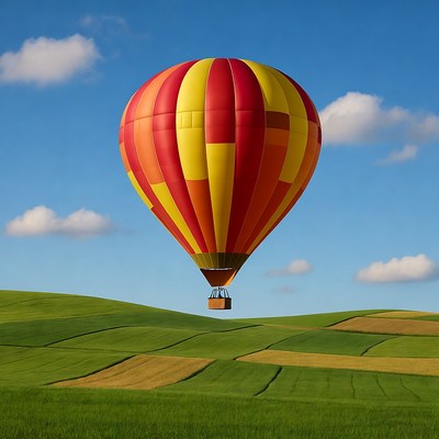 Red Yellow Hot Air Balloon Over Fields