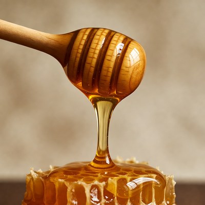 Honey dripping from wooden dipper