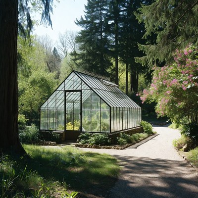 Glass Greenhouse in Forest Garden