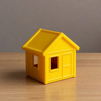Yellow toy house on wooden table