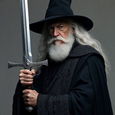 Old wizard holding sword