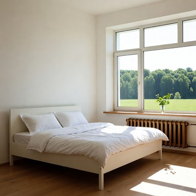 White bed in sunny bedroom