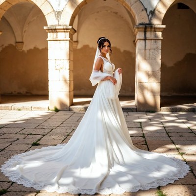 Bride in white gown in stone arches