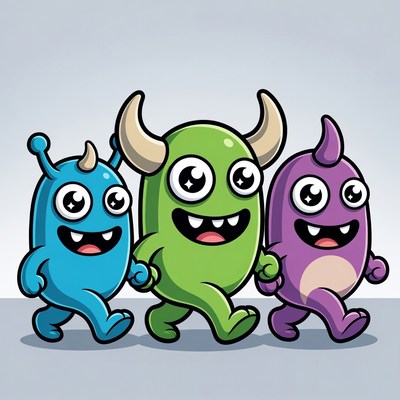 Three Cute Cartoon Monsters Walking