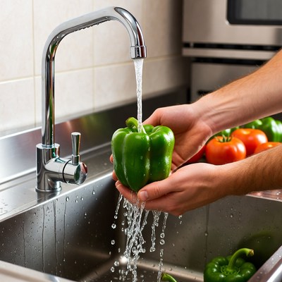 Man washing green pepper under faucet