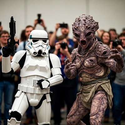 Stormtrooper and Alien Cosplayers at Convention