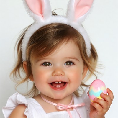 Baby girl with bunny ears holding Easter egg
