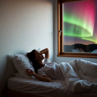 Woman gazing at northern lights from bed