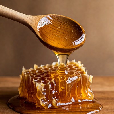 Honey dripping from wooden spoon