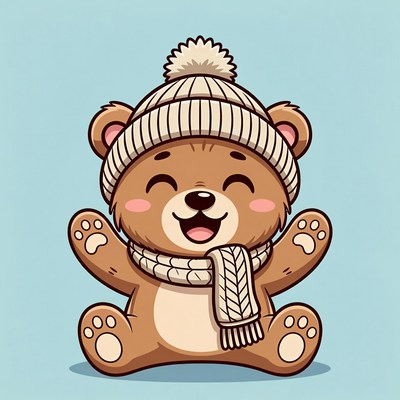 Cute Bear Wearing Knit Hat Scarf