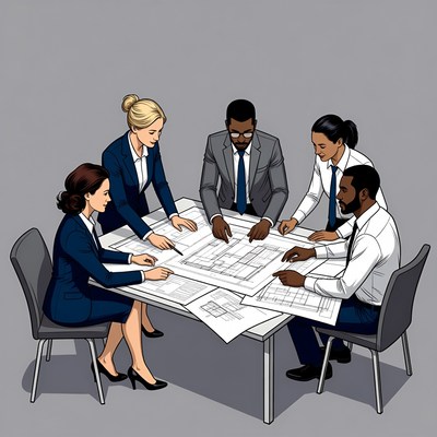 Architects Reviewing Blueprints Around Table