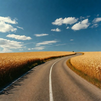 Winding road through golden wheat field