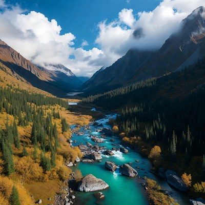 Turquoise River in Autumn Mountain Valley