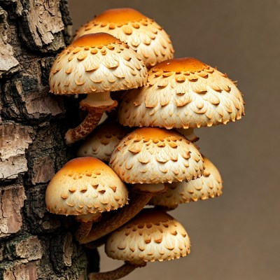 Cluster of orange Pholiota mushrooms on tree