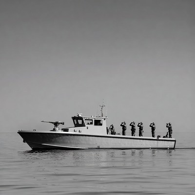 Soldiers on patrol boat with machine gun
