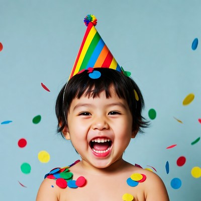 Asian boy in rainbow party hat