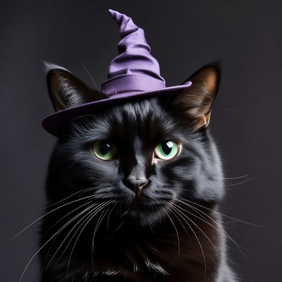Black cat wearing witch hat