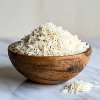 White Rice in Wooden Bowl