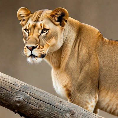 Lioness resting on wooden branch