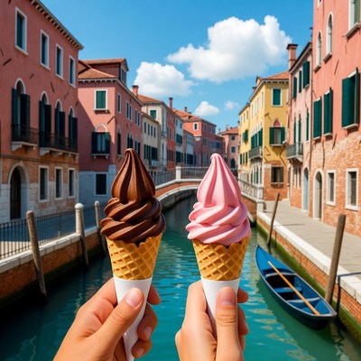 Hands Holding Chocolate and Pink Ice Cream Cones Venice