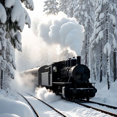 Steam Train in Snowy Forest