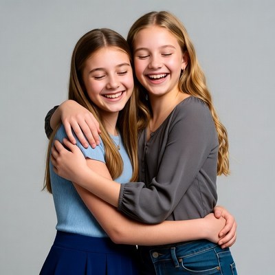 Two girls hugging and smiling
