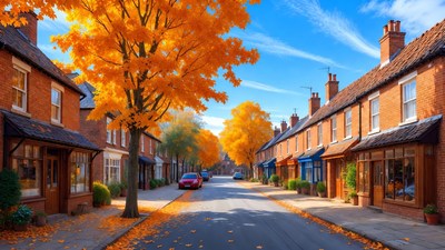 Autumn Street with Orange Trees
