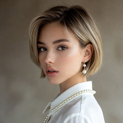 Woman with pearl necklace and earrings