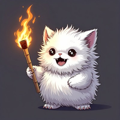 Cute white kitten holding torch