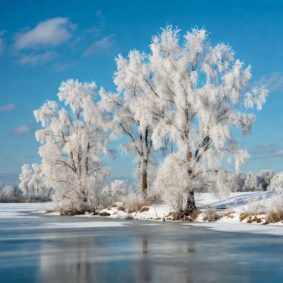 Frost-covered trees by frozen lake