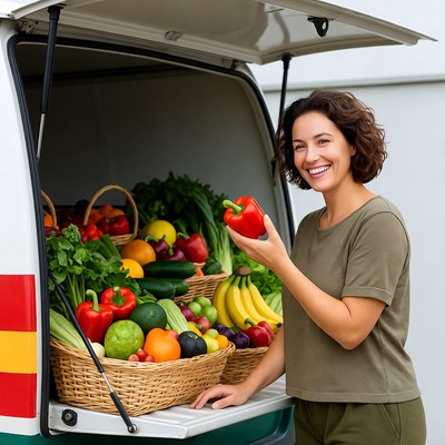 Woman holding red pepper at vegetable truck