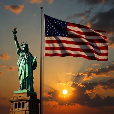 Statue of Liberty with American Flag