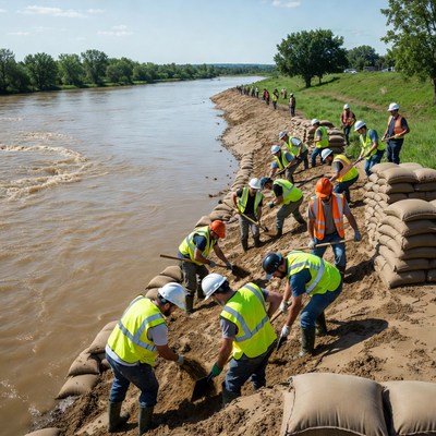 Workers Building Sandbag Flood Barrier