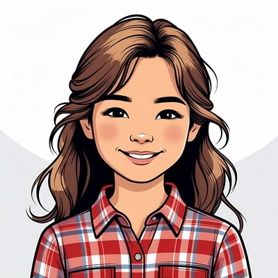 Smiling Asian girl in plaid shirt