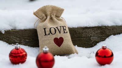 Burlap LOVE Bag with Red Ornaments in Snow