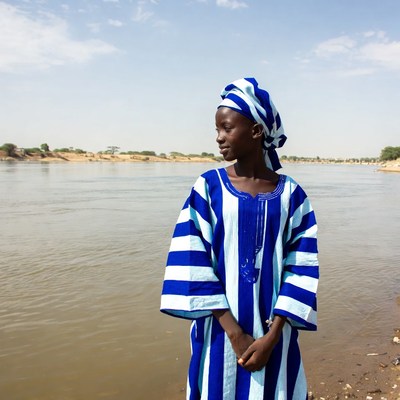 African woman in blue boubou by river