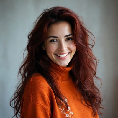 Smiling woman with red hair in orange turtleneck