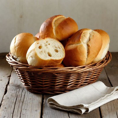 Fresh bread rolls in wicker basket
