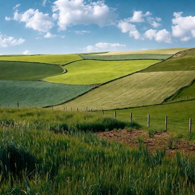 Green patchwork fields under blue sky