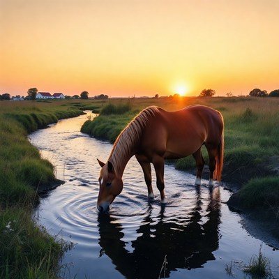 Horse drinking from stream at sunset