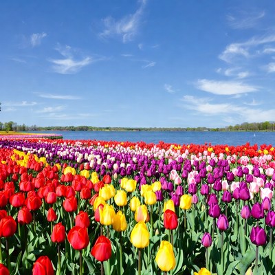 Colorful Tulip Fields by Lake