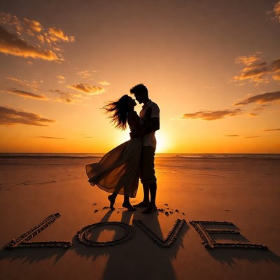 Silhouette couple kissing at sunset beach