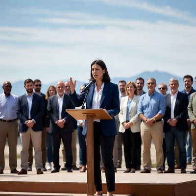 Woman speaking at podium with crowd