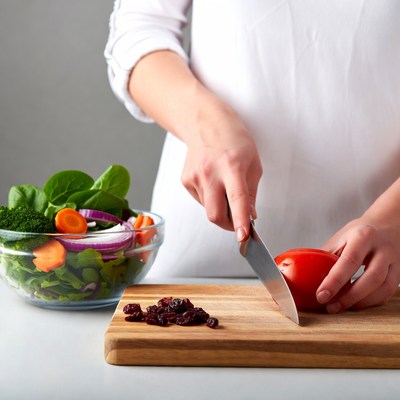 Woman chopping tomato in kitchen