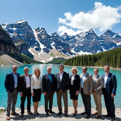 Business professionals posing before Lake Moraine mountains