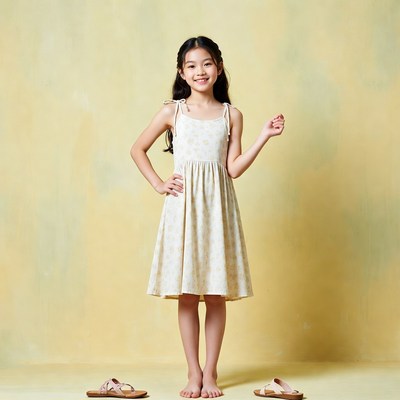 Asian girl in floral dress barefoot