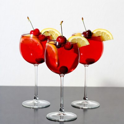 Three Red Cherry Lemon Wine Glasses
