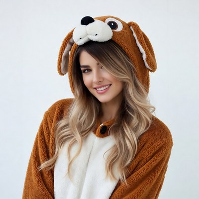 Woman in brown dog onesie hoodie